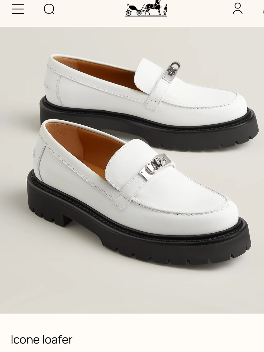 Hermes ICONE White Leather Loafers with Black Lug Sole and Silver Hardware